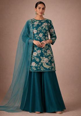 Teal Blue Embroidery Blouse Crepe Sharara Set