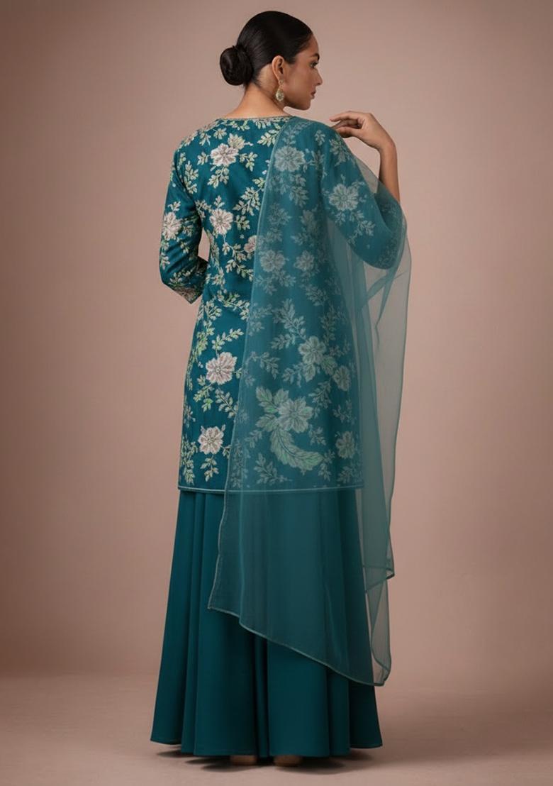 Teal Blue Embroidery Blouse Crepe Sharara Set - Indya