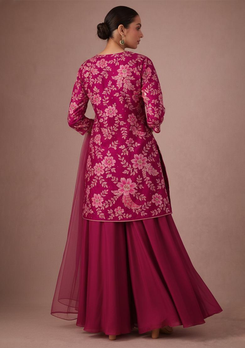 Magenta Embroidery Blouse Crepe Sharara Set - Indya