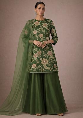 Olive Green Embroidery Blouse Crepe Sharara Set