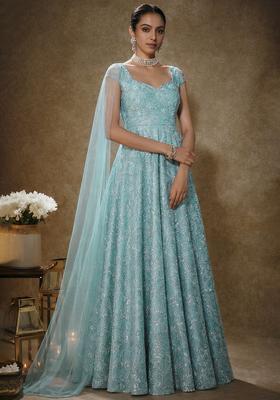 Light Blue Embroidery Blouse Chinon Anarkali Set