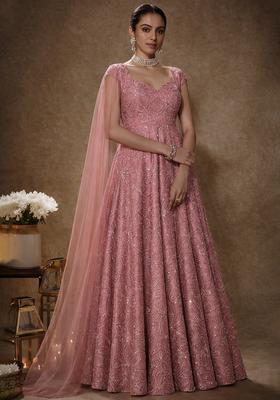 Dusty Pink Embroidery Blouse Chinon Anarkali Set