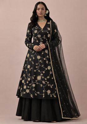 Black Embroidery Blouse Silk Blend Anarkali Set