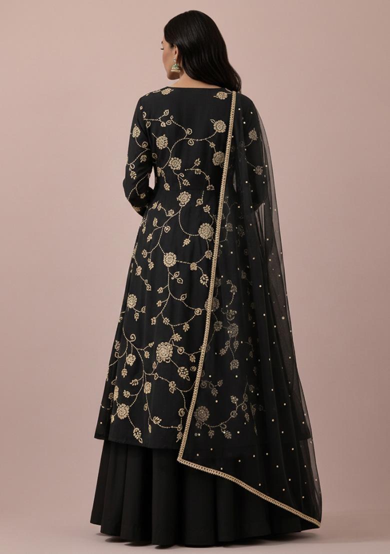 Black Embroidery Blouse Silk Blend Anarkali Set - Indya