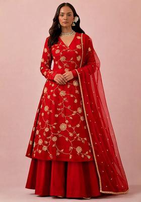 Red Embroidery Blouse Silk Blend Anarkali Set