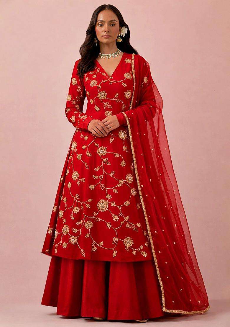 Red Embroidery Blouse Silk Blend Anarkali Set - Indya