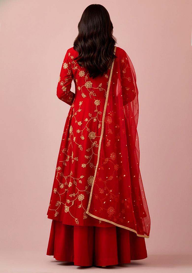 Red Embroidery Blouse Silk Blend Anarkali Set - Indya