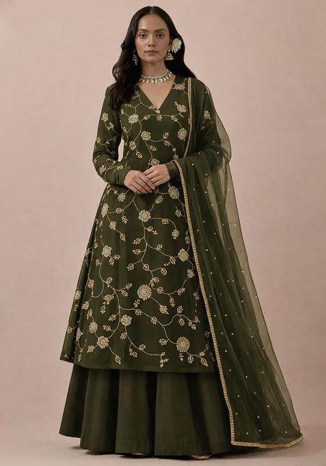 Olive Green Embroidery Blouse Silk Blend Anarkali Set