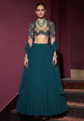 Blue Embroidery Blouse Crepe Lehenga Set