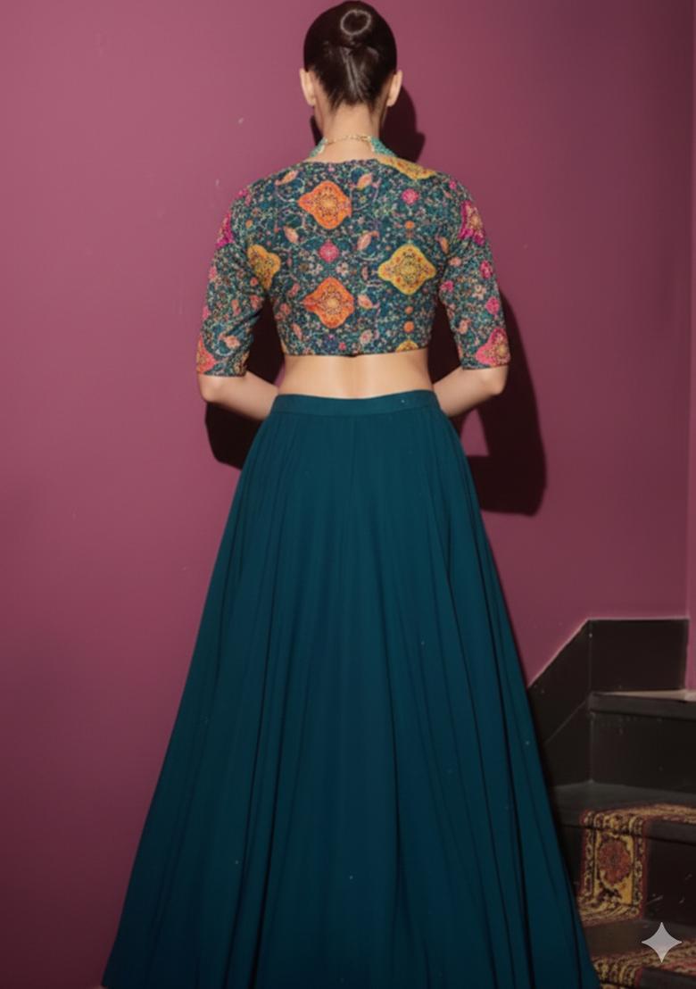 Blue Embroidery Blouse Crepe Lehenga Set - Indya