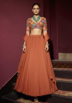Coral Embroidery Blouse Crepe Lehenga Set