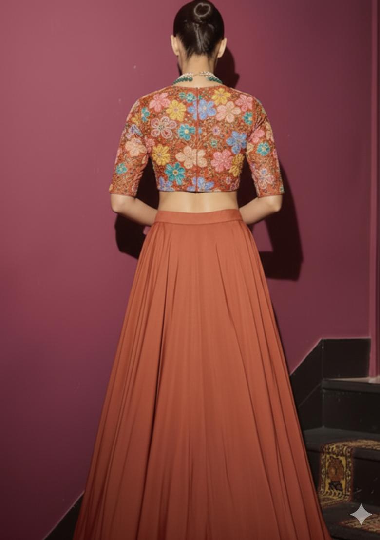 Coral Embroidery Blouse Crepe Lehenga Set - Indya