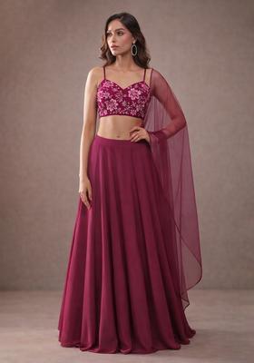 Deep Burgundy Embroidery Blouse Crepe Lehenga Set