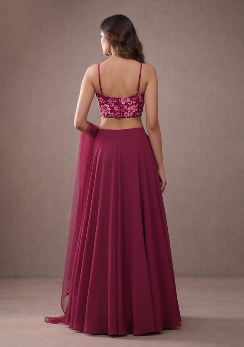 Deep Burgundy Embroidery Blouse Crepe Lehenga Set - Indya