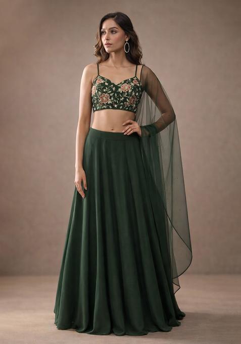 Green Embroidery Blouse Crepe Lehenga Set