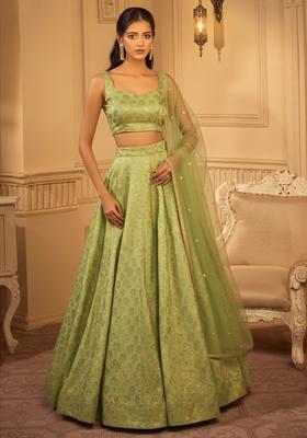 Olive Green Jacquard Brocade Lehenga Set