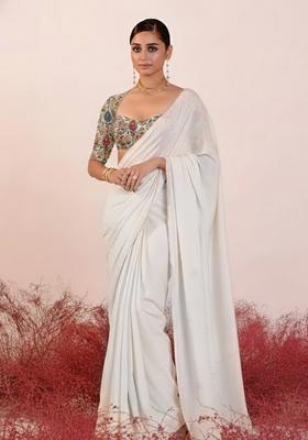 Beige Embroidery Blouse Crepe Pre Draped Saree Set