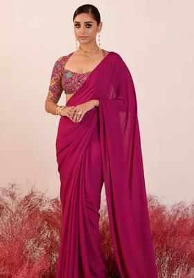Pink Embroidery Blouse Crepe Pre Draped Saree Set