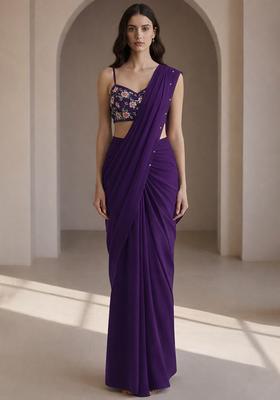 Purple Embroidery Blouse Crepe Pre Draped Saree Set