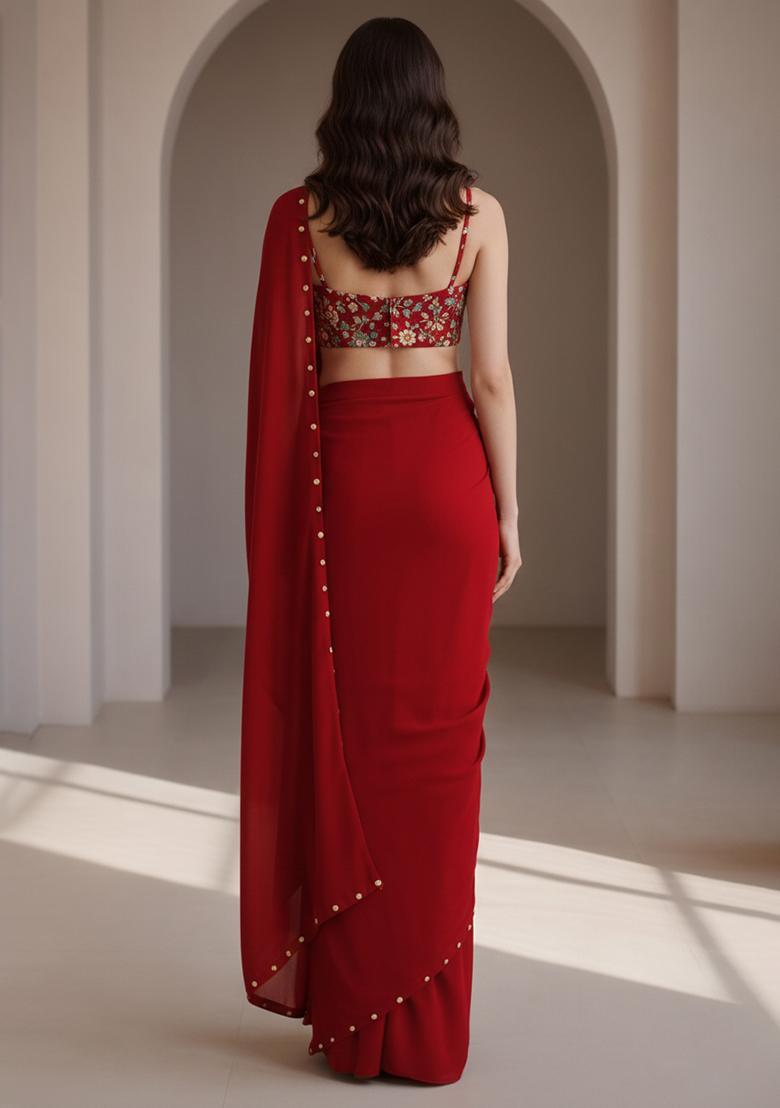 Red Embroidery Blouse Crepe Pre Draped Saree Set - Indya