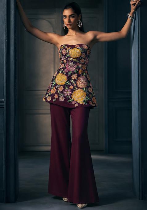 Burgundy Floral Embroidery Viscose Fusion Set