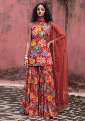 Bright Red Embroidery Blouse Crepe Sharara Set