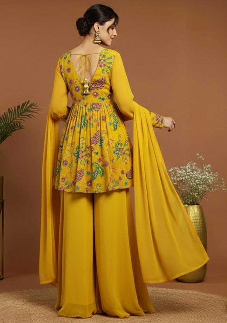 Yellow Embroidered Crepe Sharara set - Indya