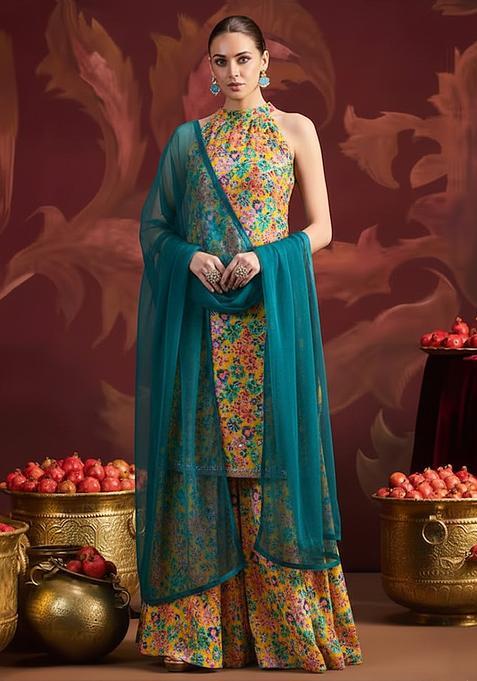 Multi Color Floral Embroidery Crepe Sharara set