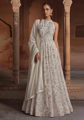 Off-White Embroidery Poly Blended Anarkali set