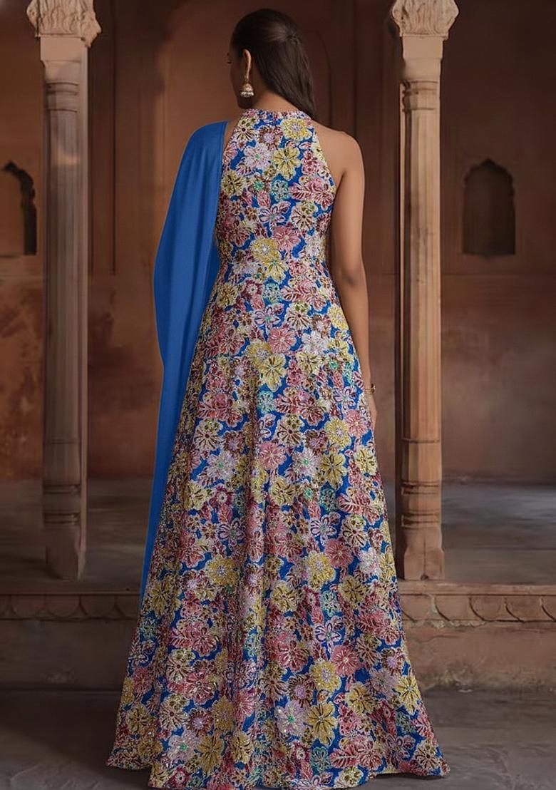 Multi Color Embroidery Crepe Anarkali set - Indya