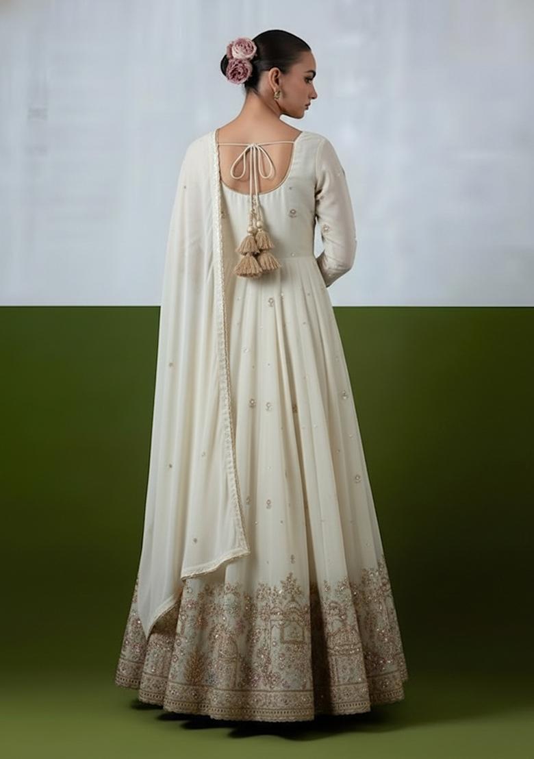 Ivory Embroidery Crepe Anarkali set - Indya