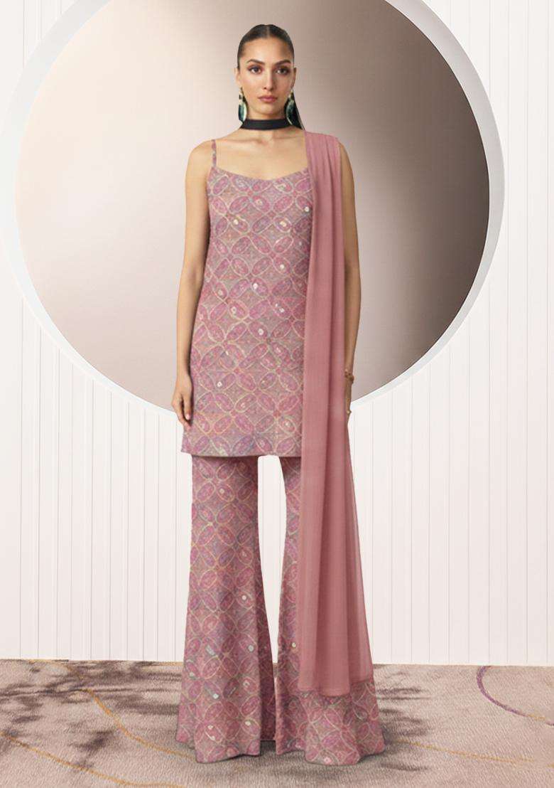 Soft Pink Embroidery Net Sharara set - Indya