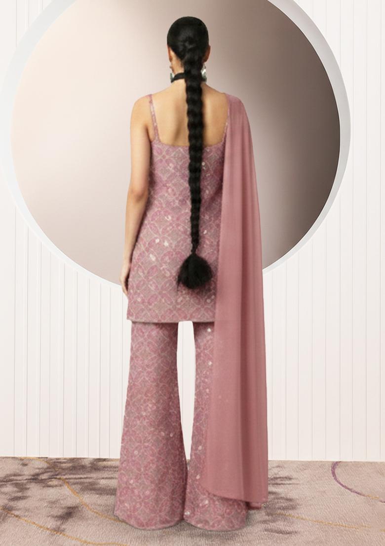 Soft Pink Embroidery Net Sharara set - Indya