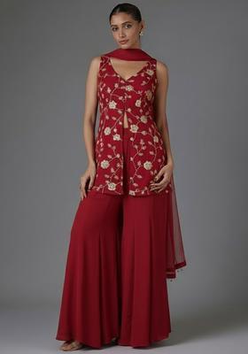Maroon Floral Embroidery Fendy Silk Blend Sharara set
