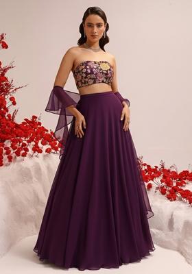 Purple Viscose crepe Solid Lehenga Set With Embroidery Blouse