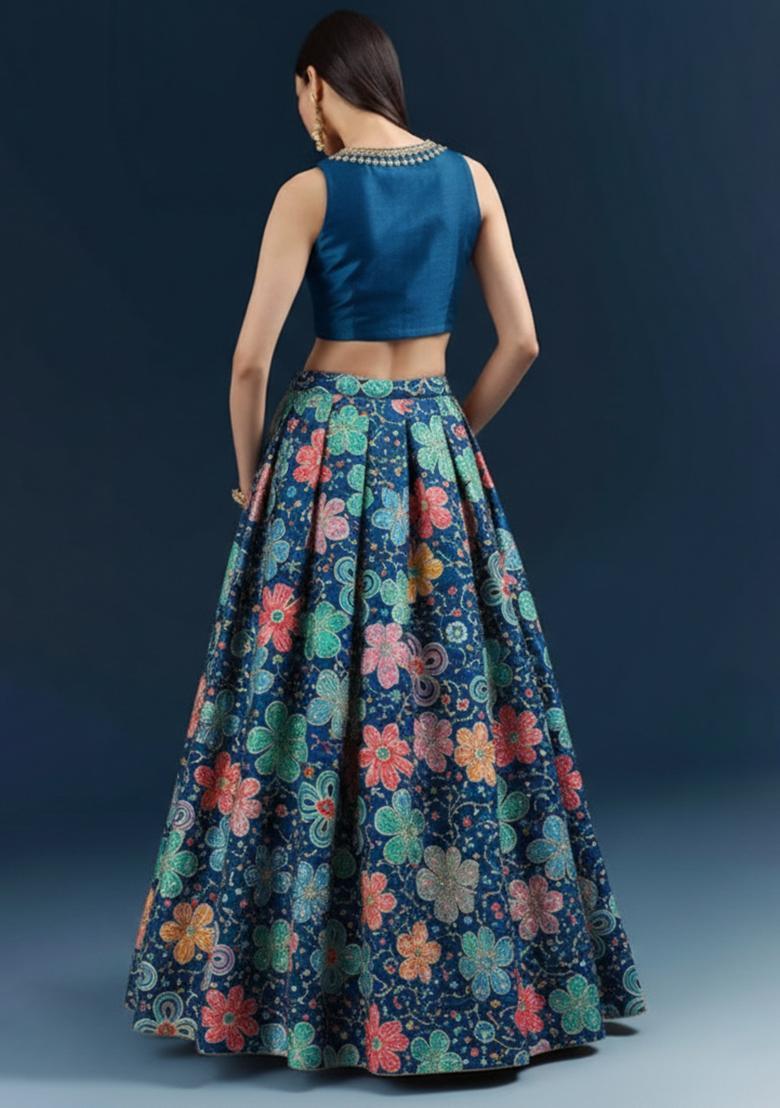 Navy Blue Floral Embroidery Crepe Lehenga Set - Indya