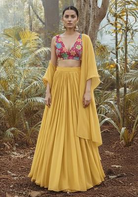 Yellow Floral Embroidery Crepe Lehenga Set