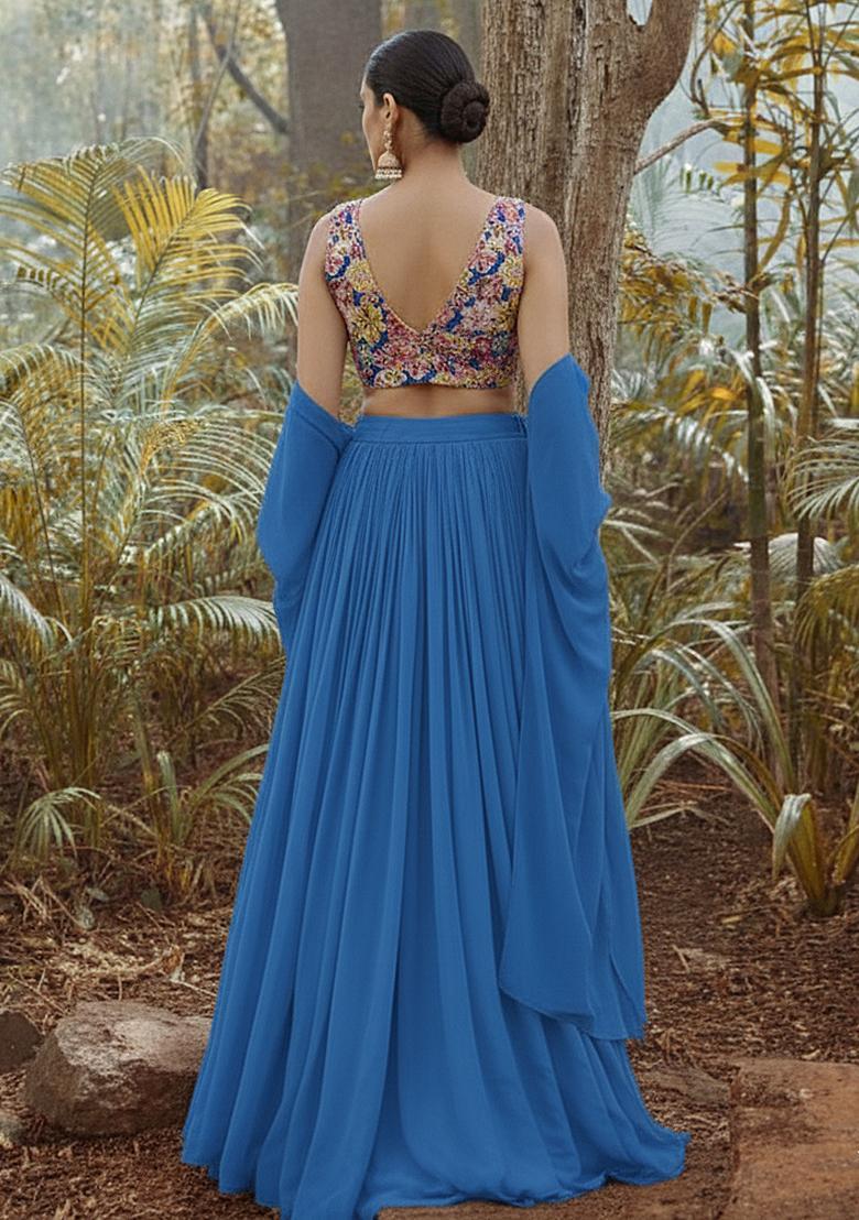 Blue Floral Embroidered Crepe Lehenga Set - Indya