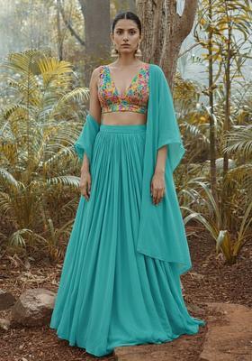 Turquoise Blue Floral Embroidered Crepe Lehenga Set