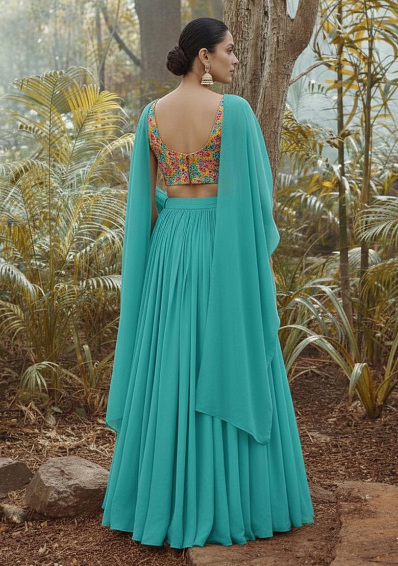 Turquoise Blue Floral Embroidered Crepe Lehenga Set - Indya