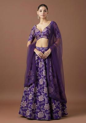 Vibrant Purple Floral Embroidery Crepe Lehenga Set