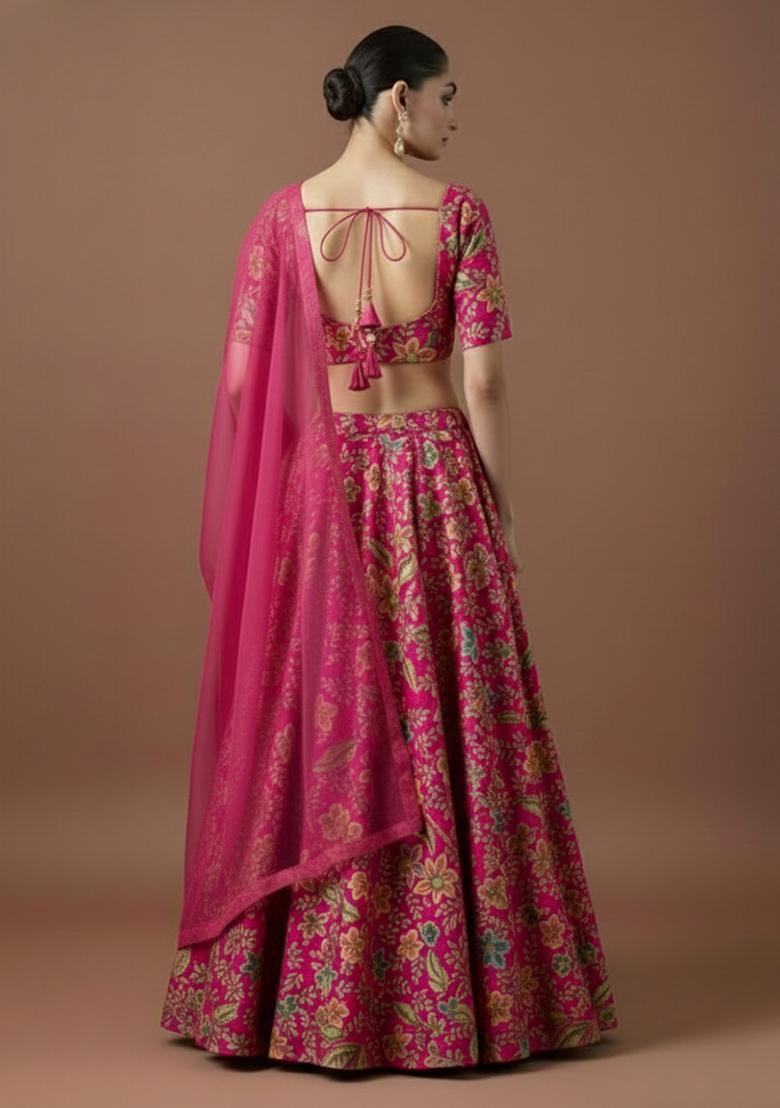 Fuchsia Pink Floral Embroidery Crepe Lehenga Set - Indya