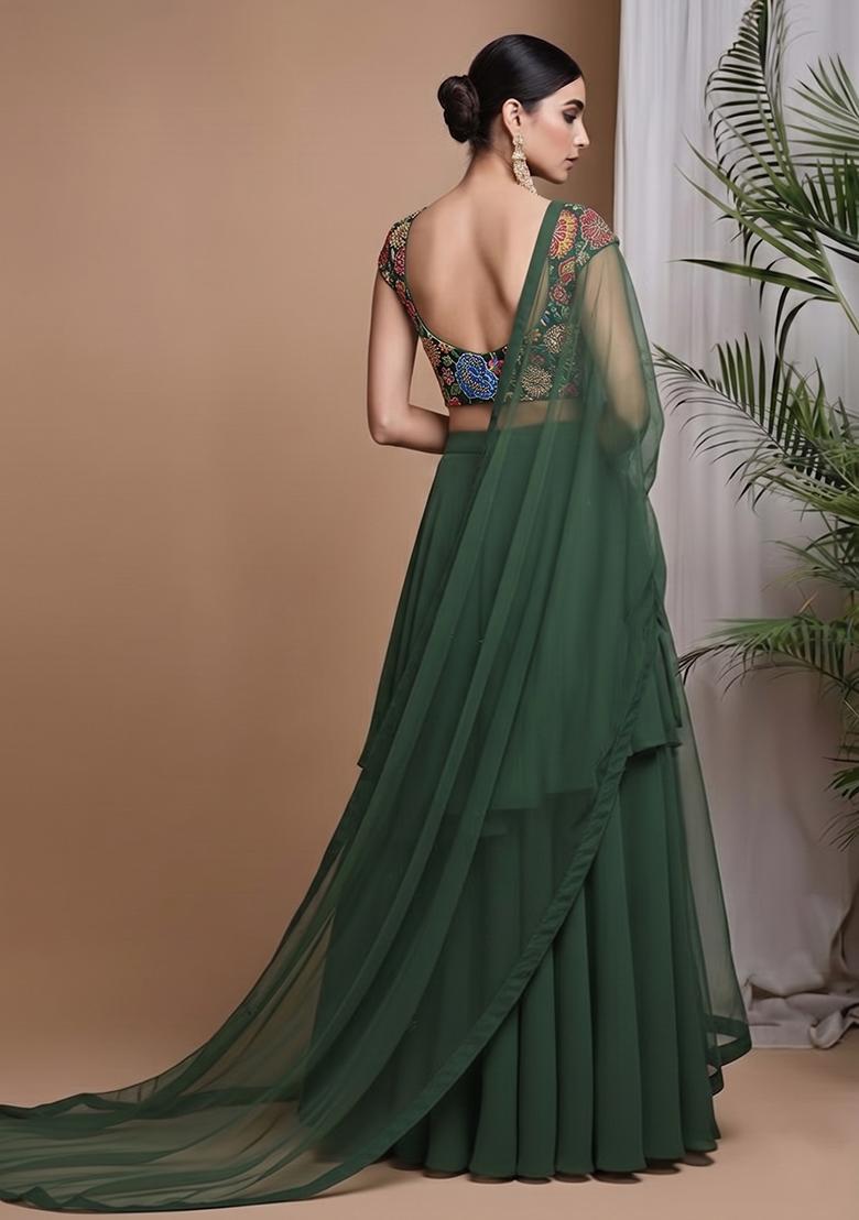 Green Viscose crepe Solid Lehenga Set With Floral Embroidery Blouse - Indya