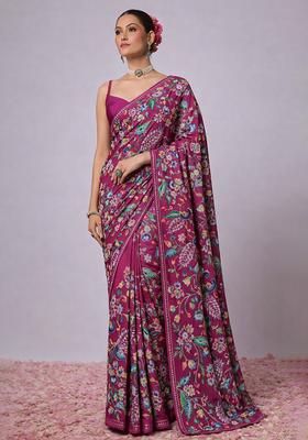Magenta Embroidery Crepe Pre draped saree Set