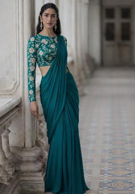 Teal Crepe Solid Pre draped saree Set With Embroidery Blouse