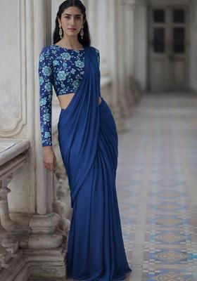 Blue Crepe Solid Pre draped saree Set With Embroidery Blouse