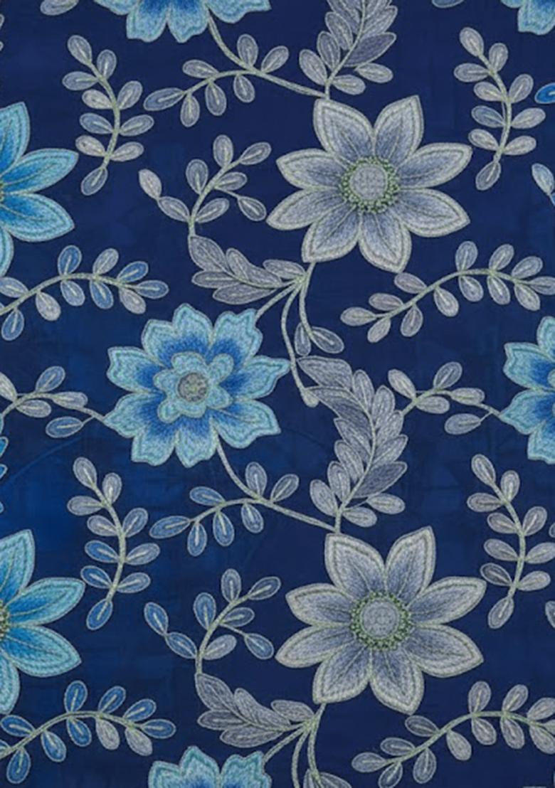 Blue Crepe Solid Pre draped saree Set With Embroidery Blouse - Indya