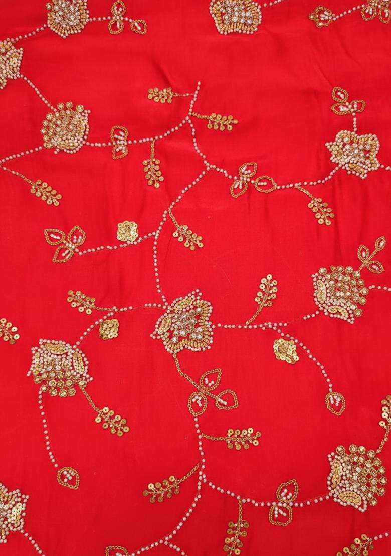 Red Fandy Silk Blend Solid Pre draped saree Set With Embroidery Blouse - Indya