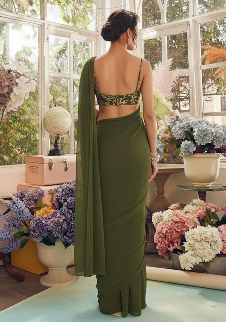 Olive Green Fandy Silk Blend Solid Pre draped saree Set With Embroidery Blouse - Indya