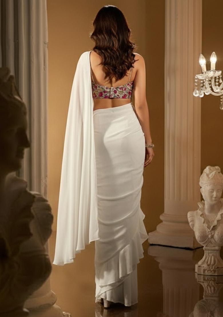 White Crepe Solid Pre draped saree Set With Embroidery Blouse - Indya